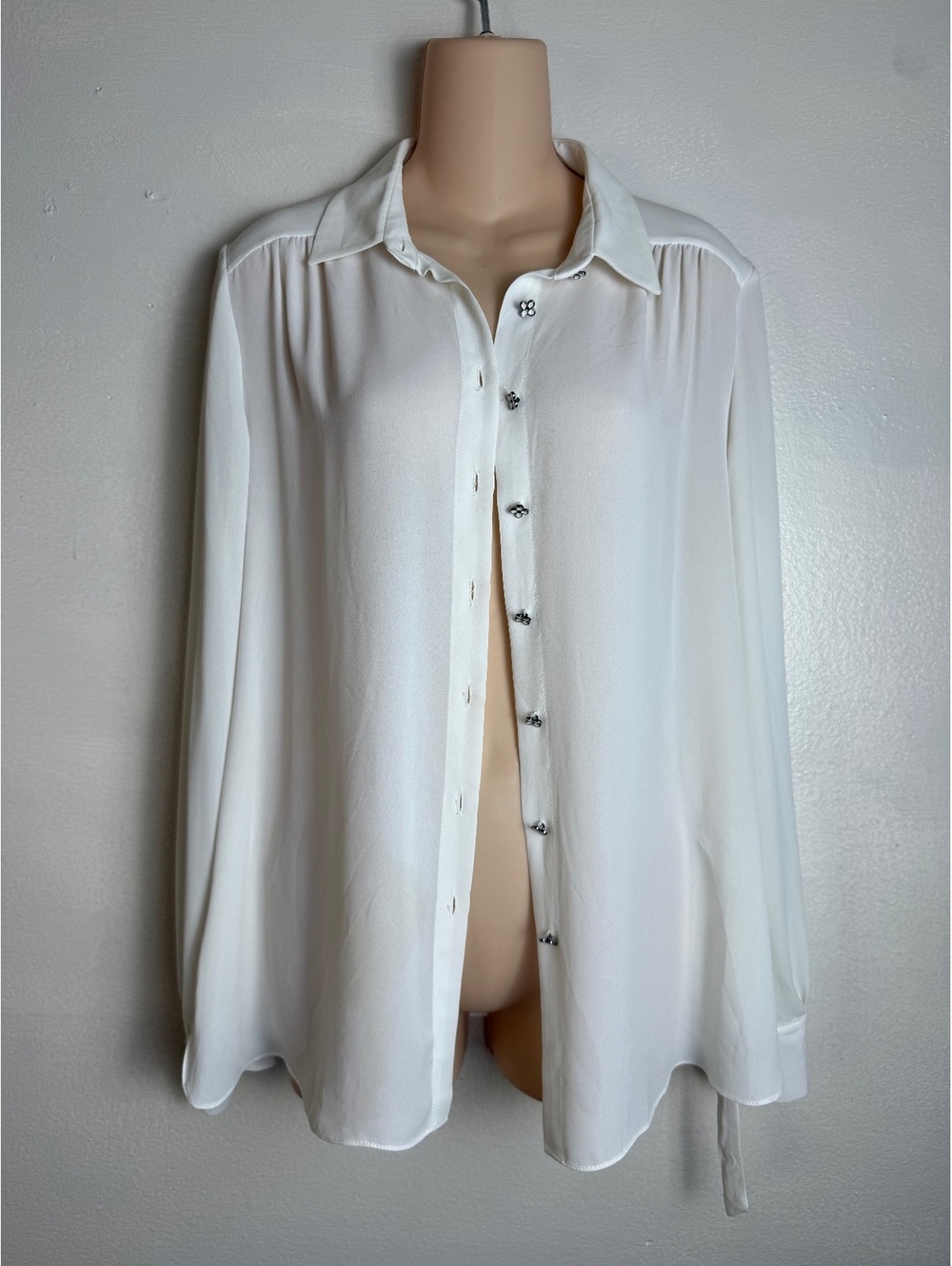 Herry Large White Sheer Chiffon Tunic Blouse Floral Buttons Belted